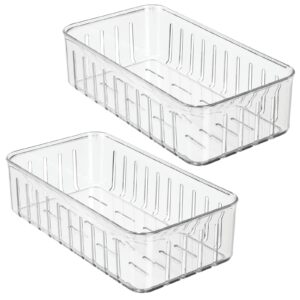 mDesign Plastic Food Container Cabinet Storage Organizer Shallow Bin w/ Open Vents for Kitchen, Pantry, Refrigerator Organization - Holds Fruit, Vegetables, Cheese - Ligne Collection - 2 Pack - Clear