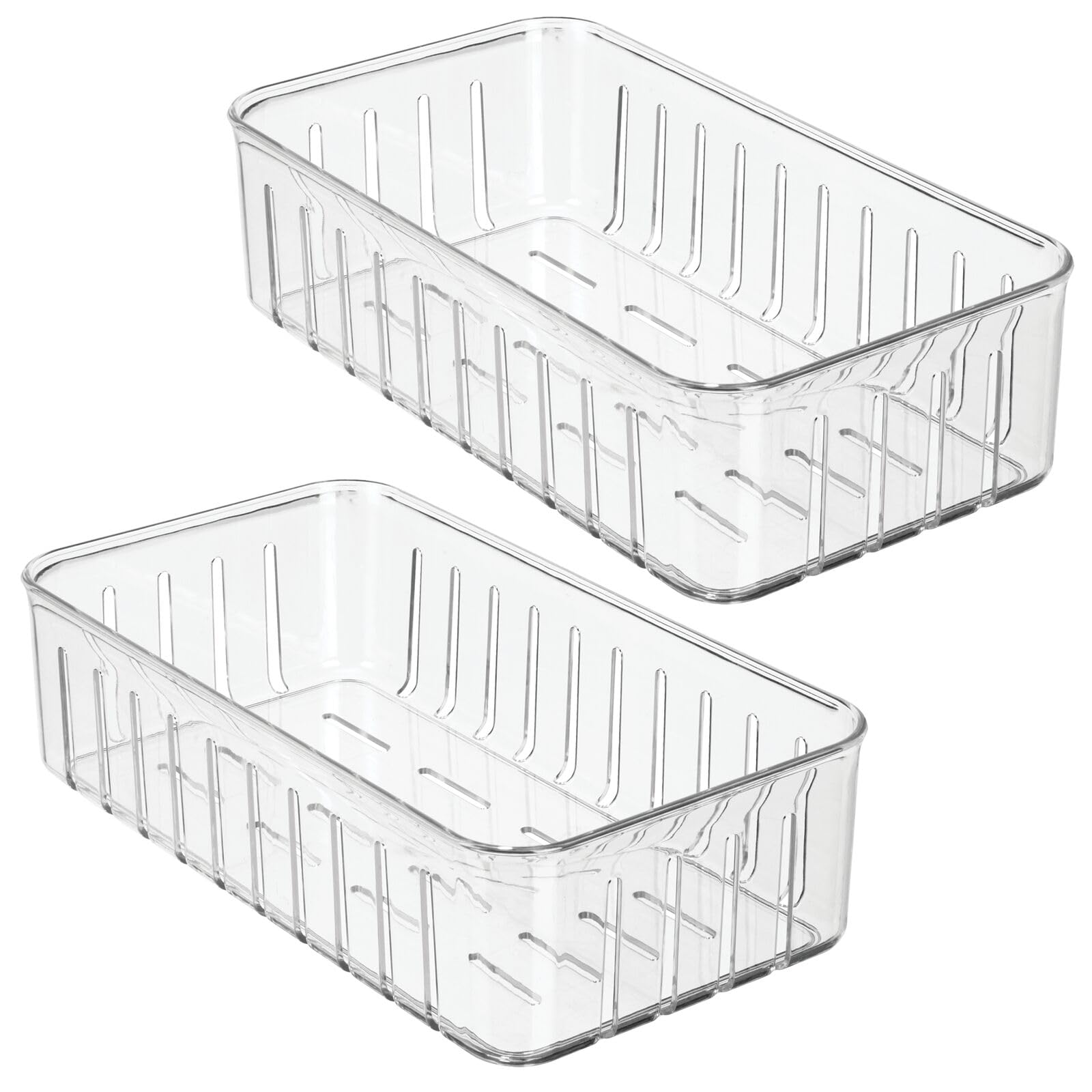 mDesign Plastic Food Container Cabinet Storage Organizer Shallow Bin w/ Open Vents for Kitchen, Pantry, Refrigerator Organization - Holds Fruit, Vegetables, Cheese - Ligne Collection - 2 Pack - Clear