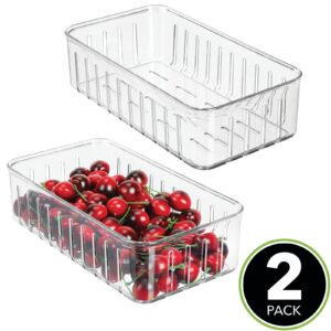 mDesign Plastic Food Container Cabinet Storage Organizer Shallow Bin w/ Open Vents for Kitchen, Pantry, Refrigerator Organization - Holds Fruit, Vegetables, Cheese - Ligne Collection - 2 Pack - Clear