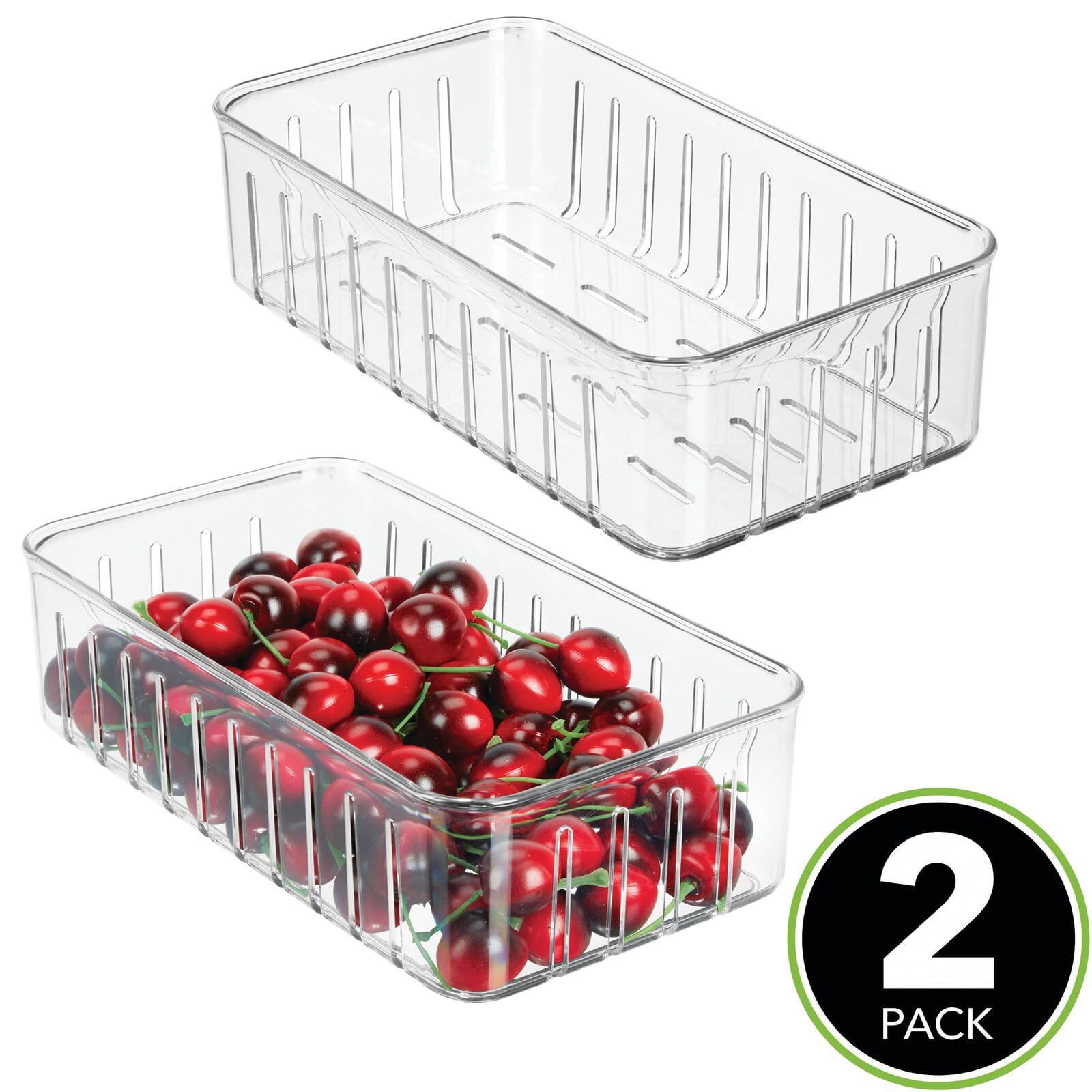 mDesign Plastic Food Container Cabinet Storage Organizer Shallow Bin w/ Open Vents for Kitchen, Pantry, Refrigerator Organization - Holds Fruit, Vegetables, Cheese - Ligne Collection - 2 Pack - Clear