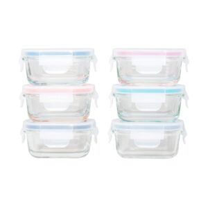 genicook borosilicate glass small baby-size meal and food storage containers, rectangular shape - 12 pc set (6 containers - 6 matching lids)