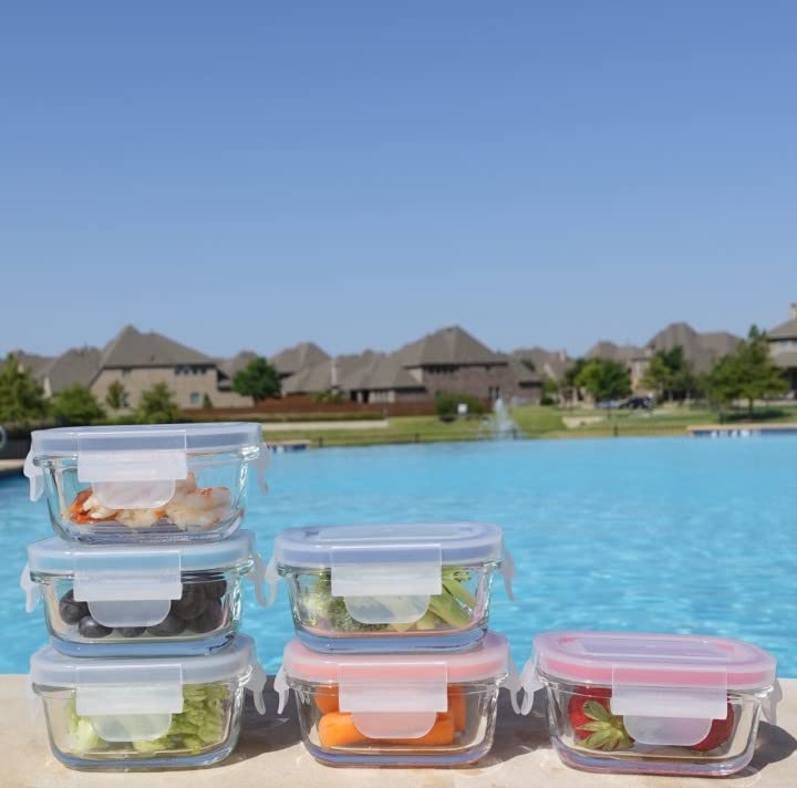 GENICOOK Borosilicate Glass Small Baby-Size Meal and Food Storage Containers, Rectangular Shape - 12 pc Set (6 Containers - 6 Matching Lids)