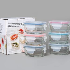 GENICOOK Borosilicate Glass Small Baby-Size Meal and Food Storage Containers, Rectangular Shape - 12 pc Set (6 Containers - 6 Matching Lids)