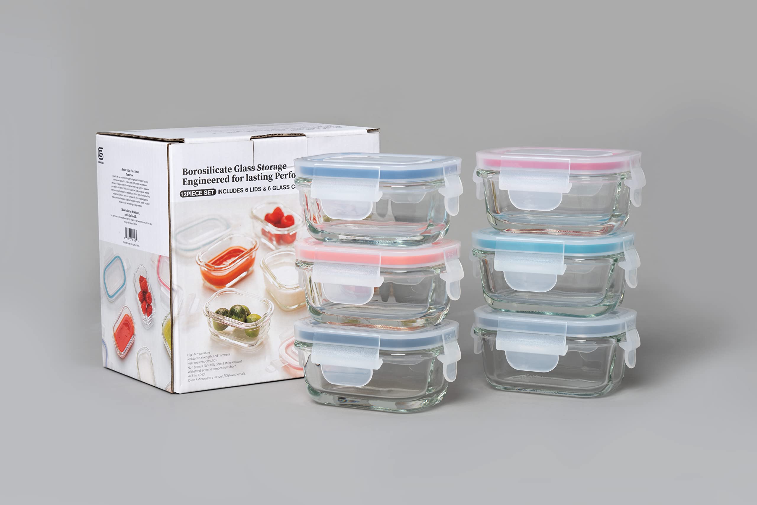 GENICOOK Borosilicate Glass Small Baby-Size Meal and Food Storage Containers, Rectangular Shape - 12 pc Set (6 Containers - 6 Matching Lids)