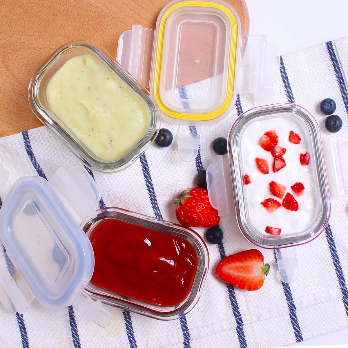 GENICOOK Borosilicate Glass Small Baby-Size Meal and Food Storage Containers, Rectangular Shape - 12 pc Set (6 Containers - 6 Matching Lids)