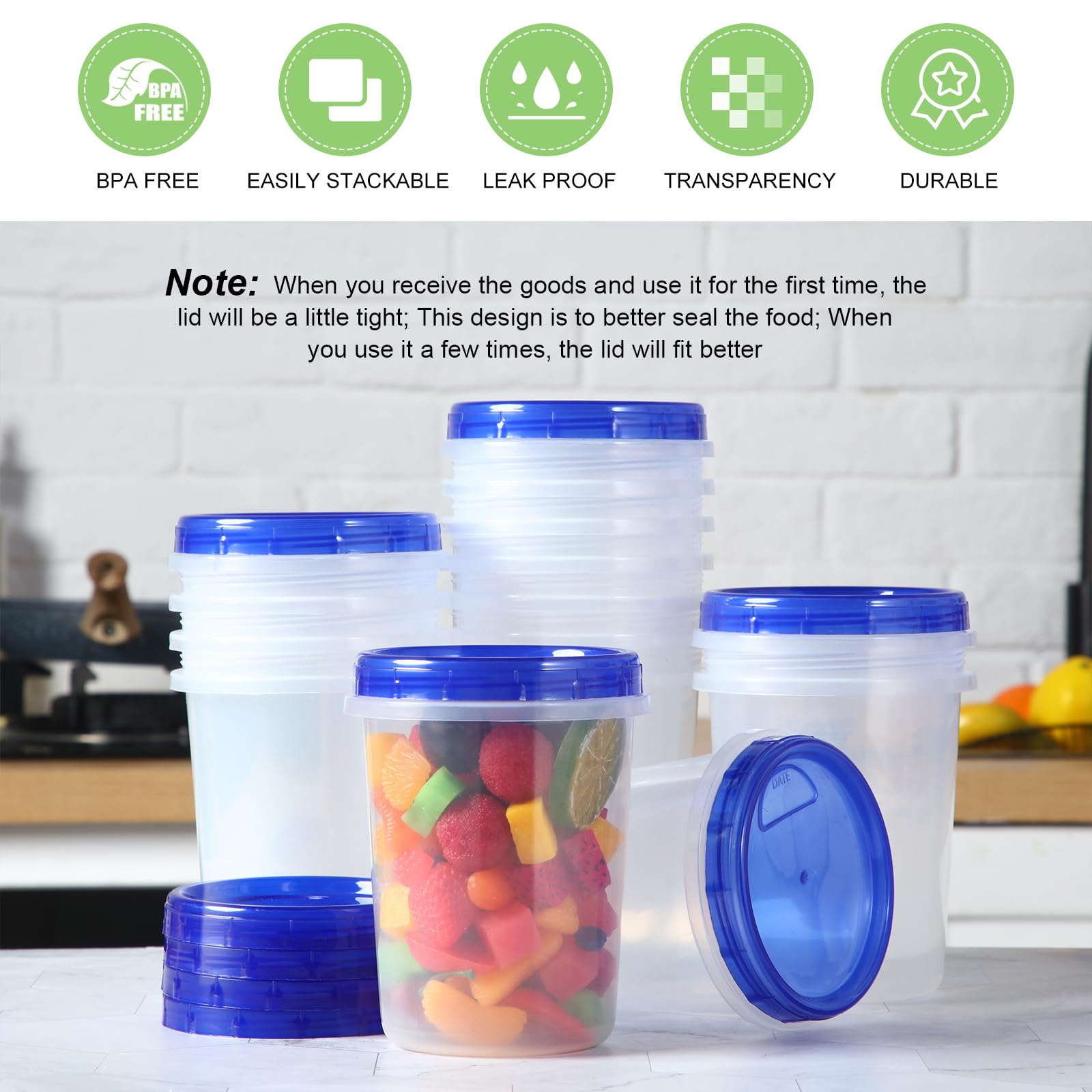 24 Pcs 32 oz Freezer Containers for Food with Twist Top Lids Reusable Plastic Soup Food Containers with Screw on Lids Leakproof Round Containers for Juice Condiments Fruit Snacks Leftovers (Blue)