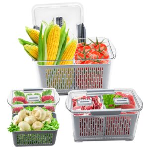 fistone fresh produce fruit vegetable storage containers 3piece set, bpa-free fridge storage container with lid & colander, fridge organizers, keep fresh for produce,fruit and vegetable