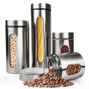 homearray stainless steel kitchen canisters for countertop – set of 4 stainless steel containers with lids – kitchen containers storage set with glass window for pasta, cereal, flour