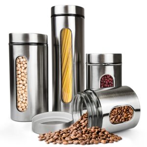 HOMEARRAY Stainless Steel Kitchen Canisters for Countertop – Set of 4 Stainless Steel Containers with Lids – Kitchen Containers Storage Set with Glass Window for Pasta, Cereal, Flour