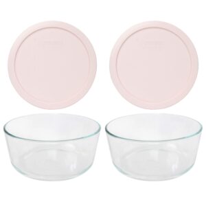 pyrex (2 7203 7 cup glass dishes & (2) 7402-pc 6/7 cup loring pink lids made in the usa