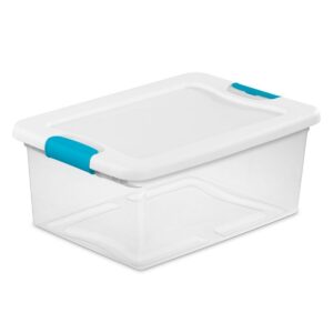 sterilite 15 qt latching storage box, stackable bin with latch lid, plastic container to organize closet shelf, clear with white lid, 24-pack