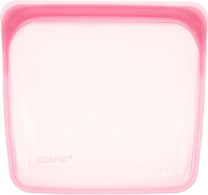 stasher reusable silicone storage bag, food storage container, microwave and dishwasher safe, leak-free, sandwich, hibiscus