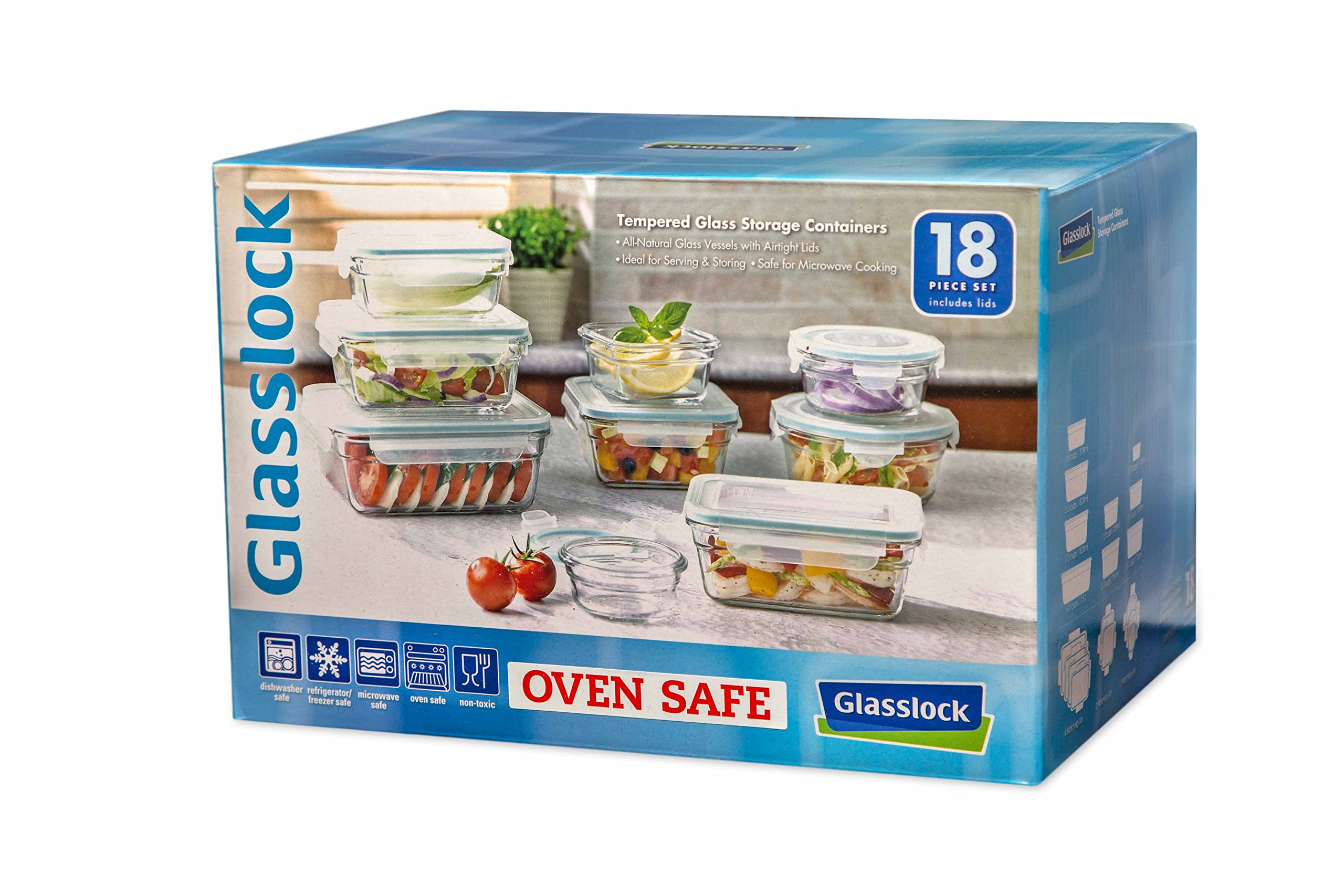 Snaplock Lid Tempered Glasslock Storage Container Airtight 18pc Set Anti Spill Microwave & Oven Safe BPA Free