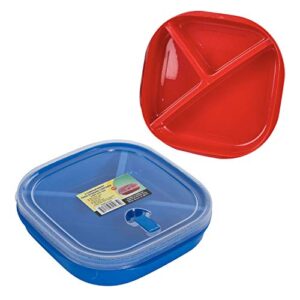 (set of 3) square microwave food storage tray containers - 3 section/compartment divided plates w/vented lid - assorted colors