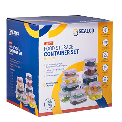 SEALCO Food Storage Containers with Lids – 12 Pack Set (24 Pieces Total) -Reusable Plastic Containers – BPA-Free, Stackable, Microwave, Dishwasher, Freezer Safe – Airtight