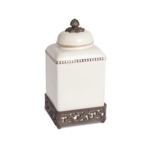 13.5-inch tall cream ceramic canister with acanthus leaf adorned metal base
