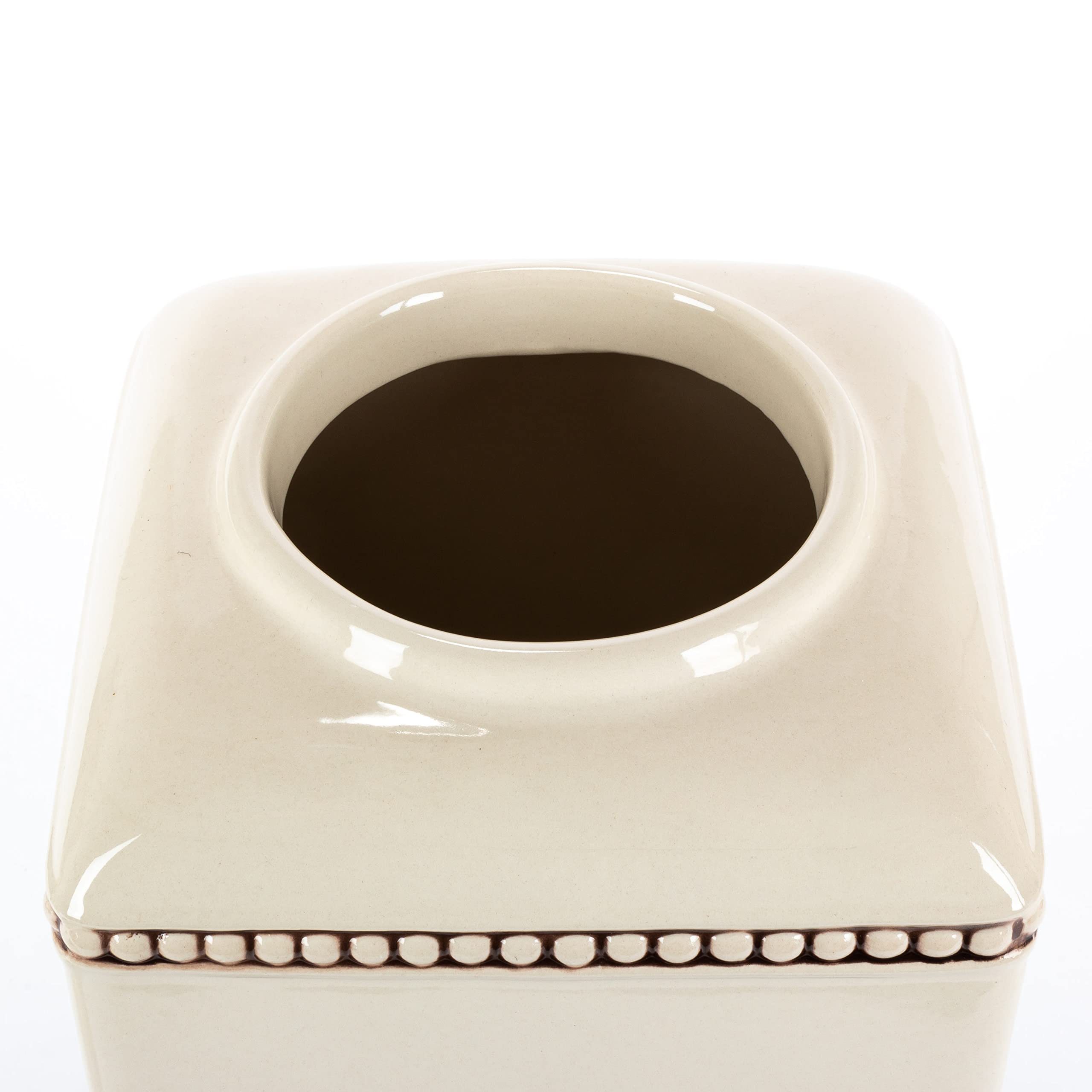 13.5-Inch Tall Cream Ceramic Canister with Acanthus Leaf Adorned Metal Base