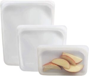 stasher reusable silicone food bag, sandwich bag, snack bag and 1/2 gallon bag, sous vide bag, storage bag (clear, 3 pack)