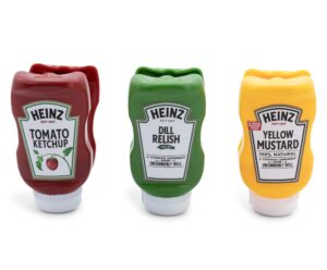 heinz bottle chip clips picnic pack, set of 3 | includes ketchup, mustard, relish | useful as home kitchen decorations, plastic bag clamps for food storage with air tight seal grip | cute foodie gifts
