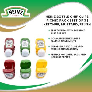 Heinz Bottle Chip Clips Picnic Pack, Set of 3 | Includes Ketchup, Mustard, Relish | Useful As Home Kitchen Decorations, Plastic Bag Clamps for Food Storage with Air Tight Seal Grip | Cute Foodie Gifts