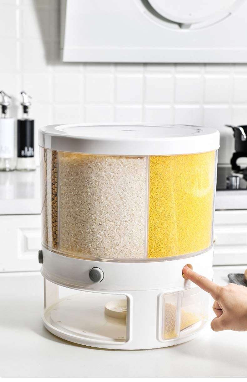 HJSQ Rice Dispenser 22LB Food Dispenser 6-Grid Rotating Rice Storage Container, Rice Bucket with Measuring Cup Dry Grain Food Storage box