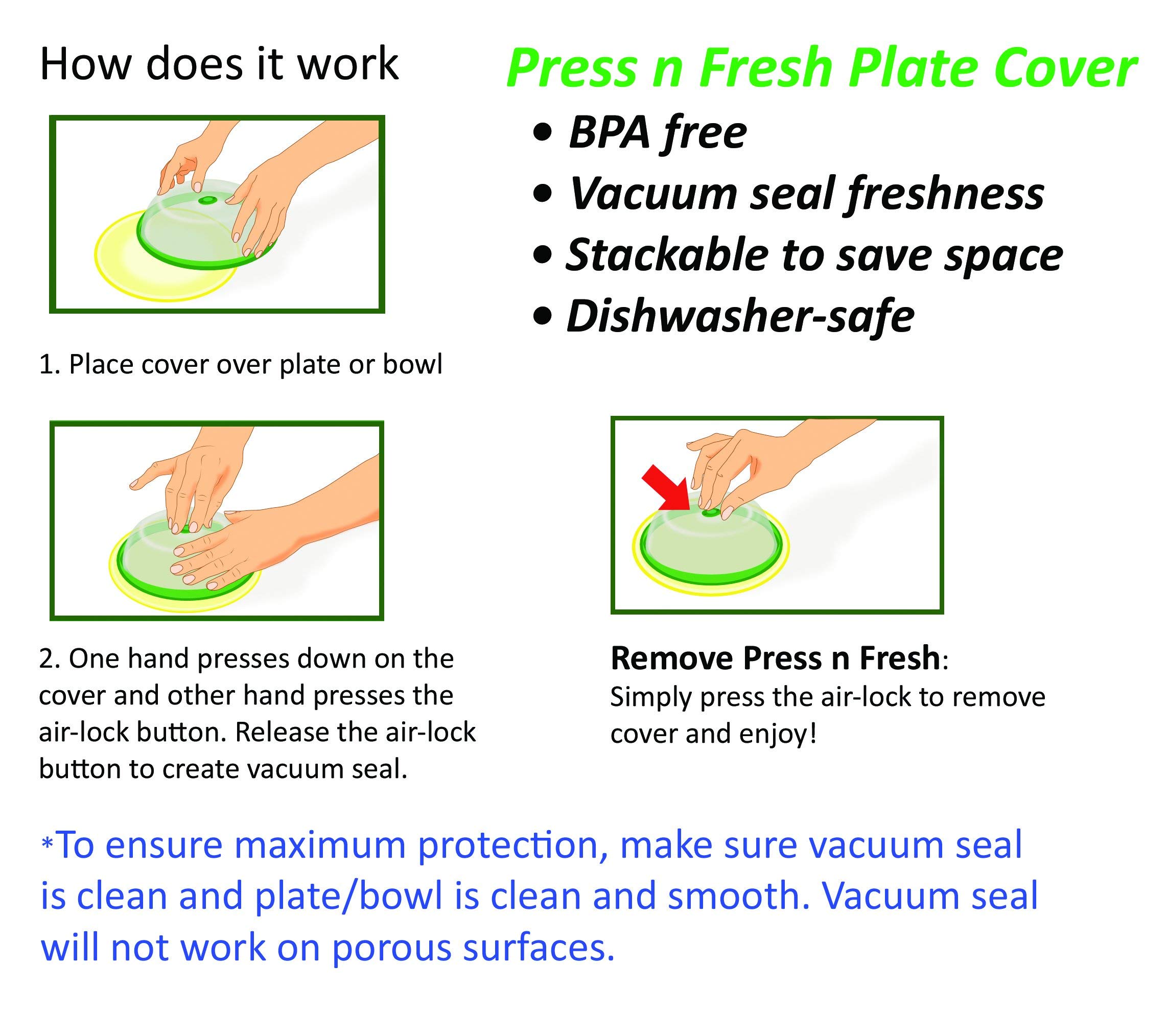 Press n Fresh Universal Vacuum Air-tight Food Sealer Container Plate Platter Lid Cover Topper Dome, Stackable, Dishwasher and BPA Free (9 & 7 inches, Green)