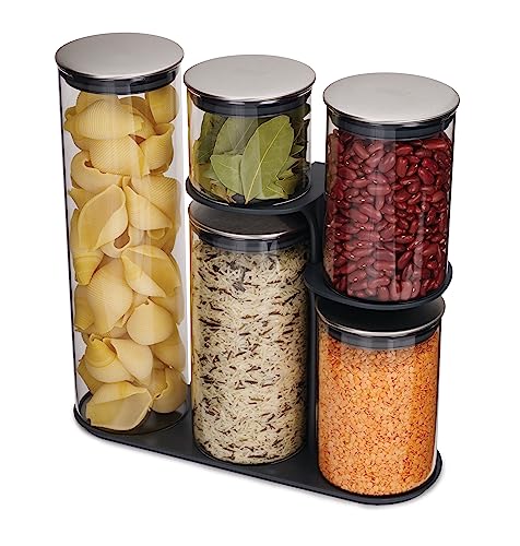 Joseph Joseph Podium 100 Dry Food Storage Container Stand, 5-Piece Set, Stainless-Steel/Glass