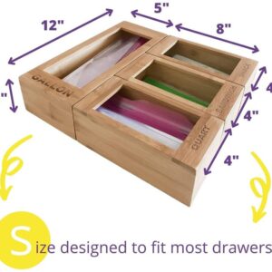 Ziplock Bag Organizer for Kitchen Drawer | Bamboo Food Storage Organizer Set for Ziplock Bags | 4 Pieces: Gallon, Quart, Snack & Sandwich | Compatible with Popular Brands like: Ziplock, Glad,and Hefty