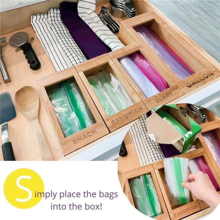 Ziplock Bag Organizer for Kitchen Drawer | Bamboo Food Storage Organizer Set for Ziplock Bags | 4 Pieces: Gallon, Quart, Snack & Sandwich | Compatible with Popular Brands like: Ziplock, Glad,and Hefty