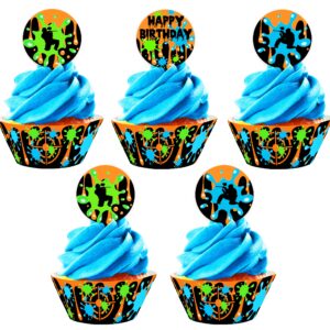 paintball cupcake toppers and cupcake wrappers - 24 cupcake toppers and 24 cupcake wrappers - paintball party decorations - paintball party supplies - airsoft party decorations - cupcake