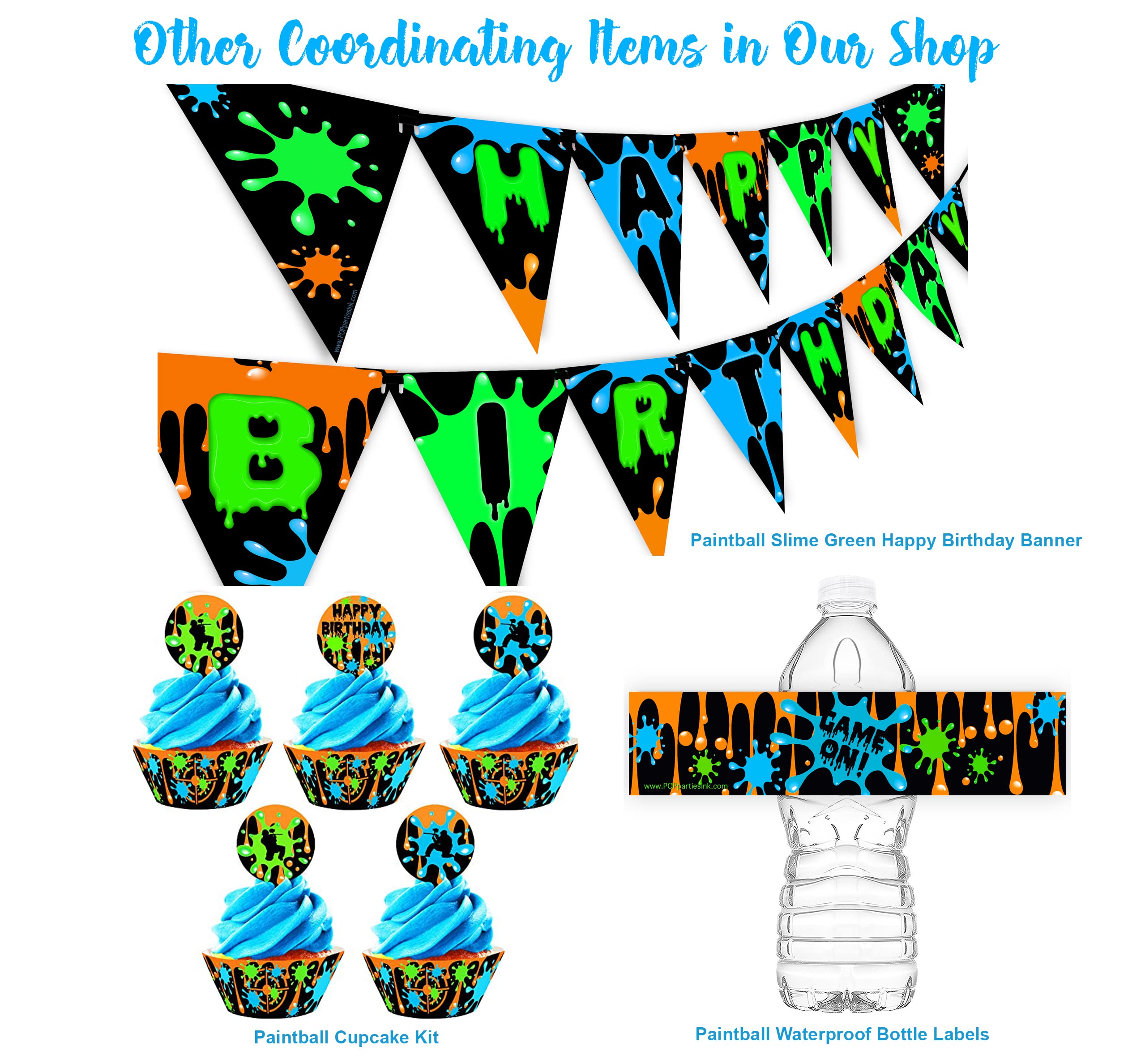 Paintball Cupcake Toppers and Cupcake Wrappers - 24 Cupcake Toppers and 24 Cupcake Wrappers - Paintball Party Decorations - Paintball Party Supplies - Airsoft Party Decorations - Cupcake