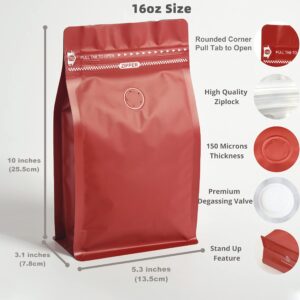 50 Count 16oz Red Coffee Bags with Aluminum Foil Liner, High Barrier Coffee Pouches with Degassing Valve, Ziplock Food Storage Bags with Pull Tape, Pack of 50, 16oz/1lb/500gram