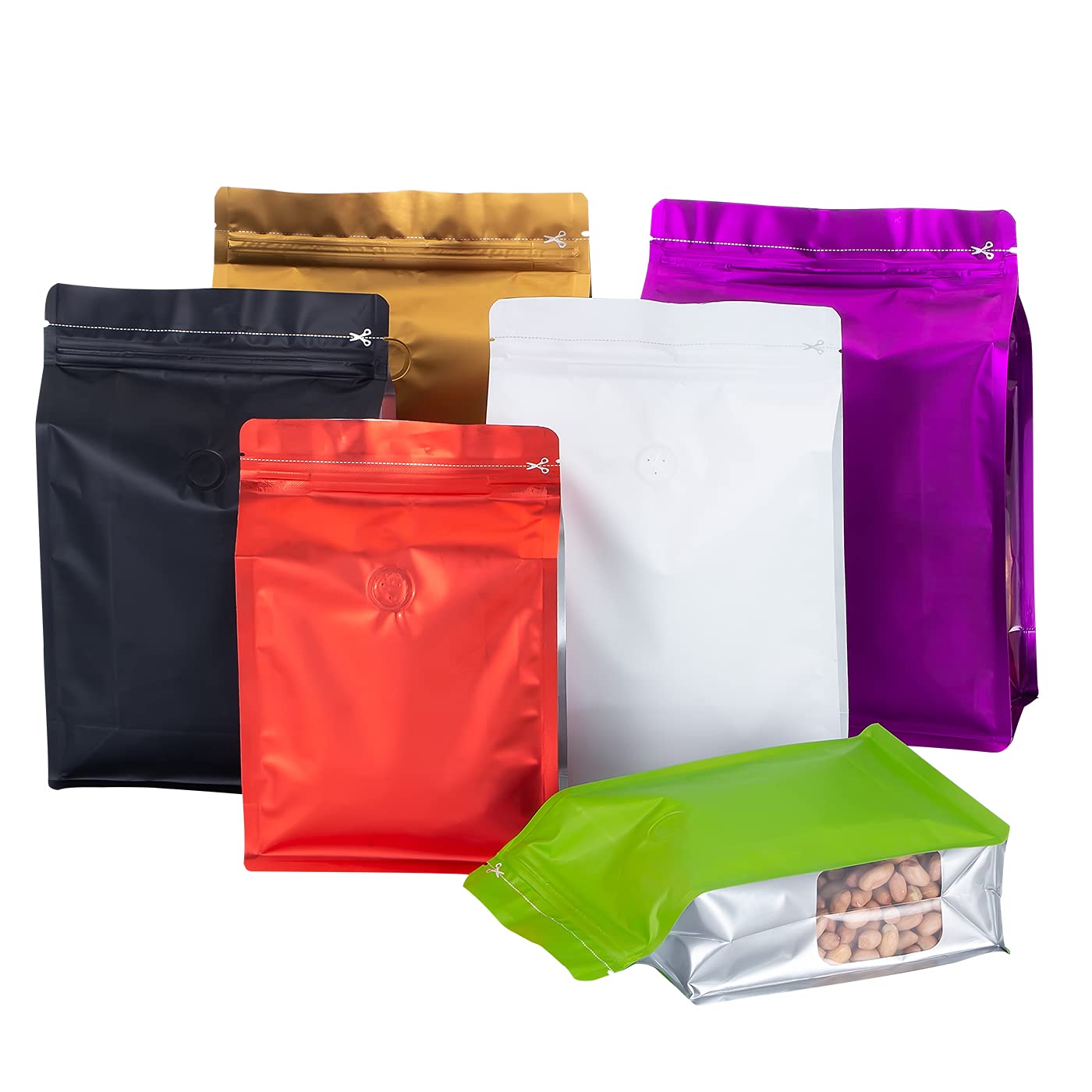 Resealable Bags Mylar eco Food Save Zipper Colored Heavy Duty Baggies Cute |Flat Bottom Stand up Zip Reusable Bag for Tshirts Jerky | Gold Green Coffee Bags Valve Vented(30pcs 6.3 9.5+2.8inch)