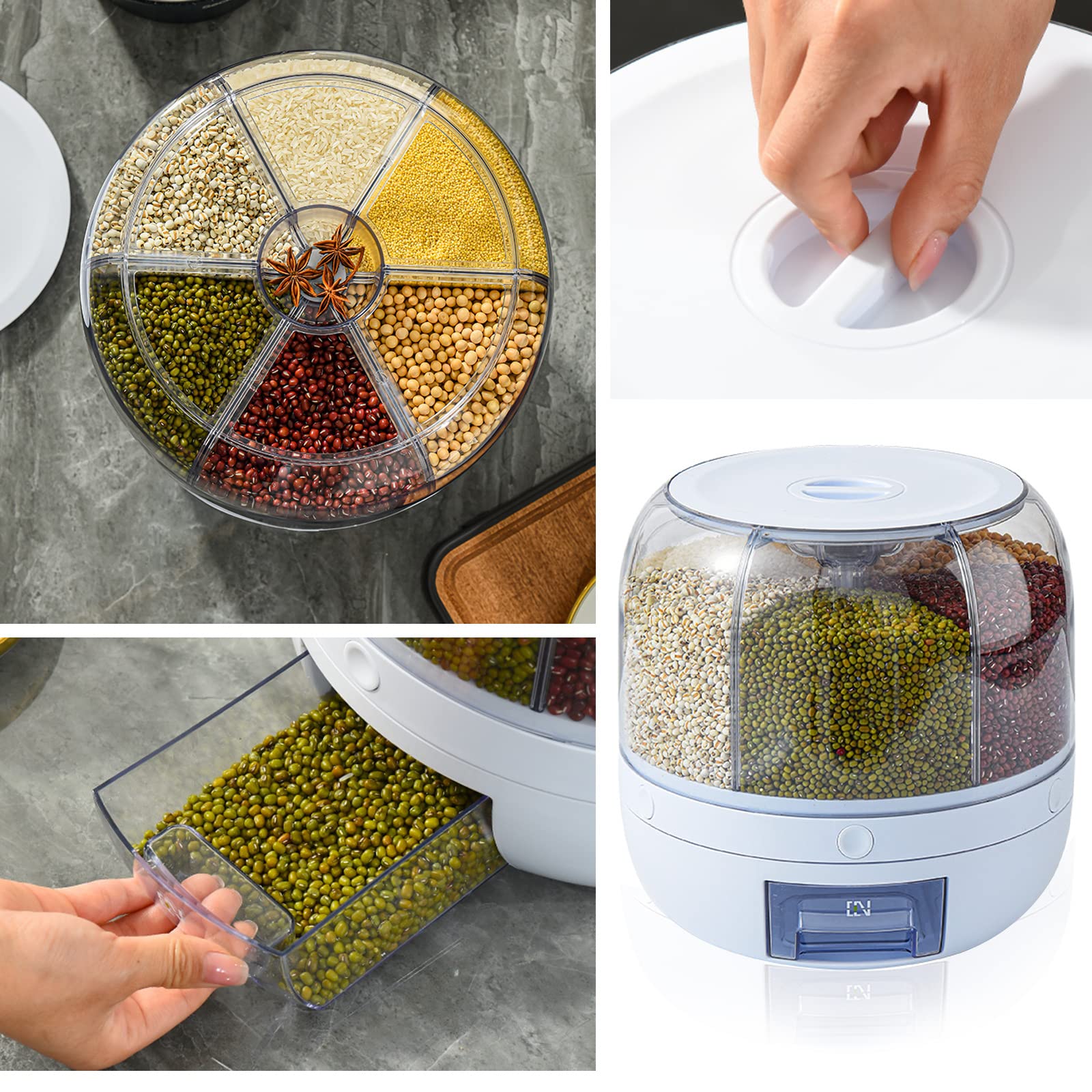 UOIENRT 360° Grain Dispenser, Rotating Grain Storage Food Dispenser With Button, Kitchen Storage Container Moisture Resistant Household for Rice Grains Beans Barley