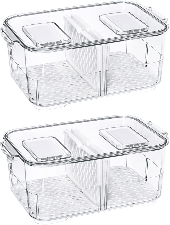 blitzlabs Produce Saver Lettuce Container, Refrigerator Organizer Bins Fridge Food Storage Containers with Lids and Removable Drain Tray for Freezer Cabinet Kitchen Organization 2800ML -2 Pack