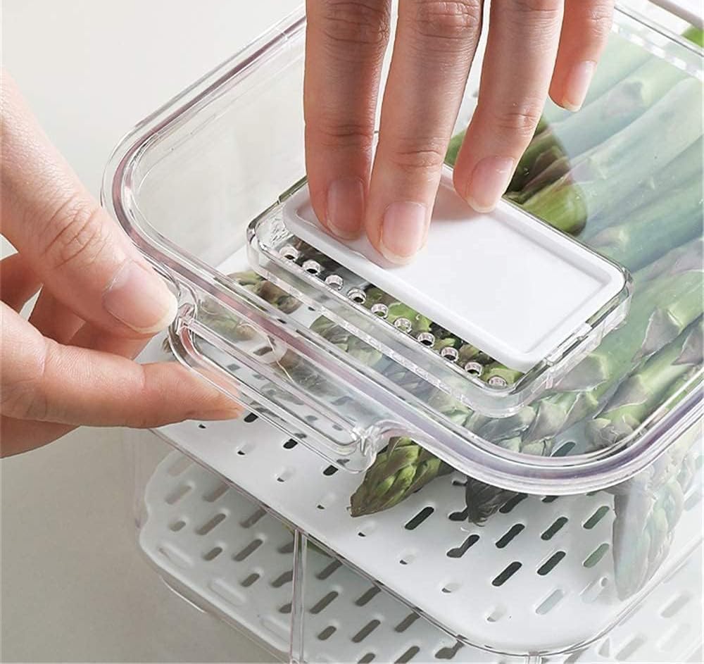 blitzlabs Produce Saver Lettuce Container, Refrigerator Organizer Bins Fridge Food Storage Containers with Lids and Removable Drain Tray for Freezer Cabinet Kitchen Organization 2800ML -2 Pack