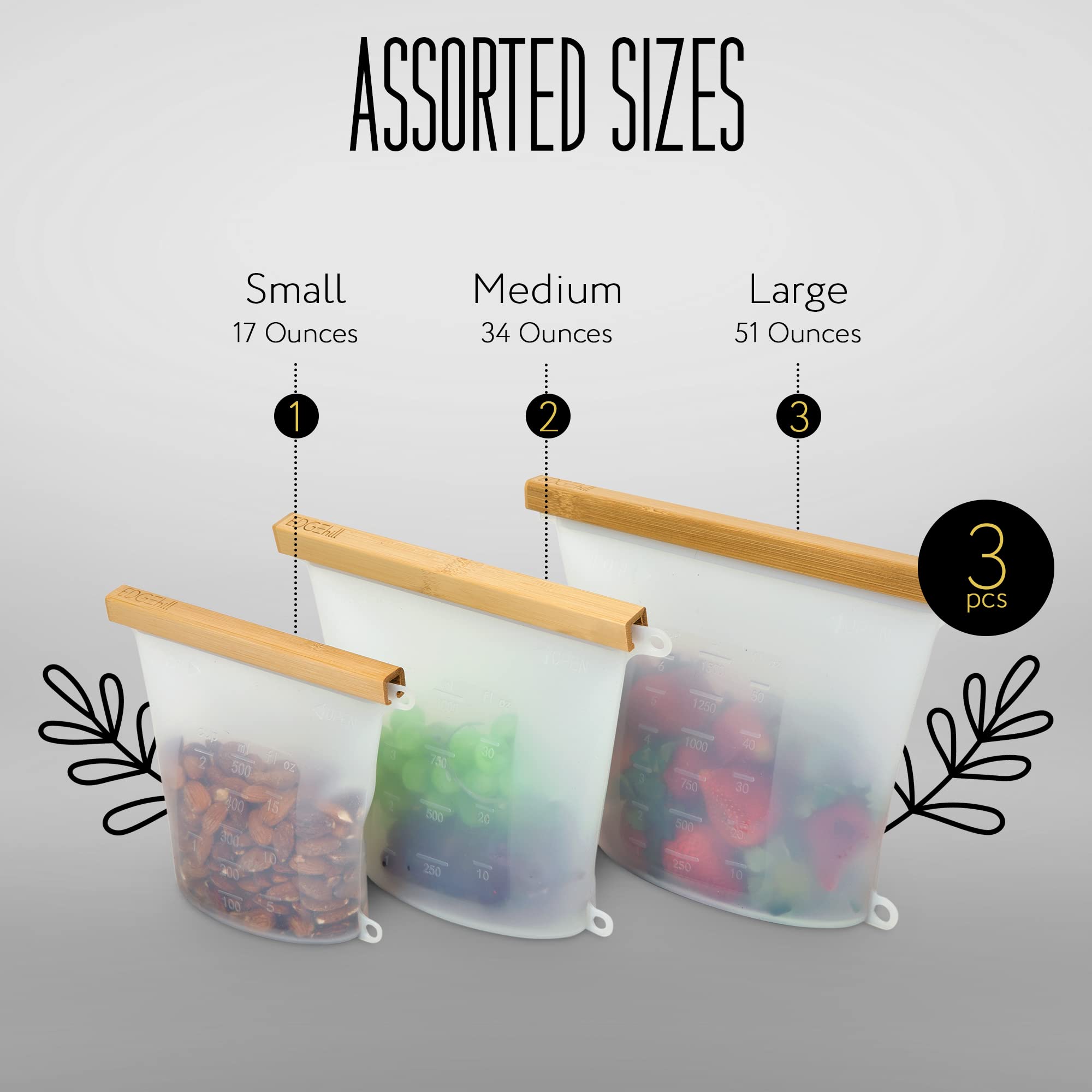 Edgehill Endlessly Reusable Silicone Ziplock Storage Bags with Eco-friendly Wooden Slider Bar, 3 Pack Assorted Freezer Bags, BPA- Free Leakproof Silicon Material, Dishwasher & Microwave Safe, Versatile & User-friendly