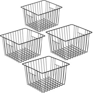 slideep refrigerator freezer organizer wire storage basket, farmhouse food wire bins container with handles for kitchen, pantry, freezer, cabinet, car, bathroom black 4 pack