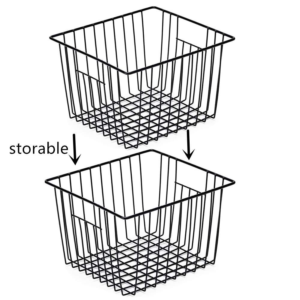 Slideep Refrigerator Freezer Organizer Wire Storage Basket, Farmhouse Food Wire Bins Container with Handles for Kitchen, Pantry, Freezer, Cabinet, Car, Bathroom Black 4 Pack