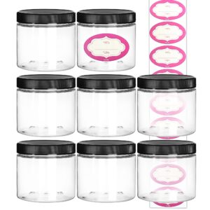 dilabee 8-pack 16 ounce large elegant refillable clear plastic jars with lids and labels, round container for beauty products, cream, exfoliating scrub