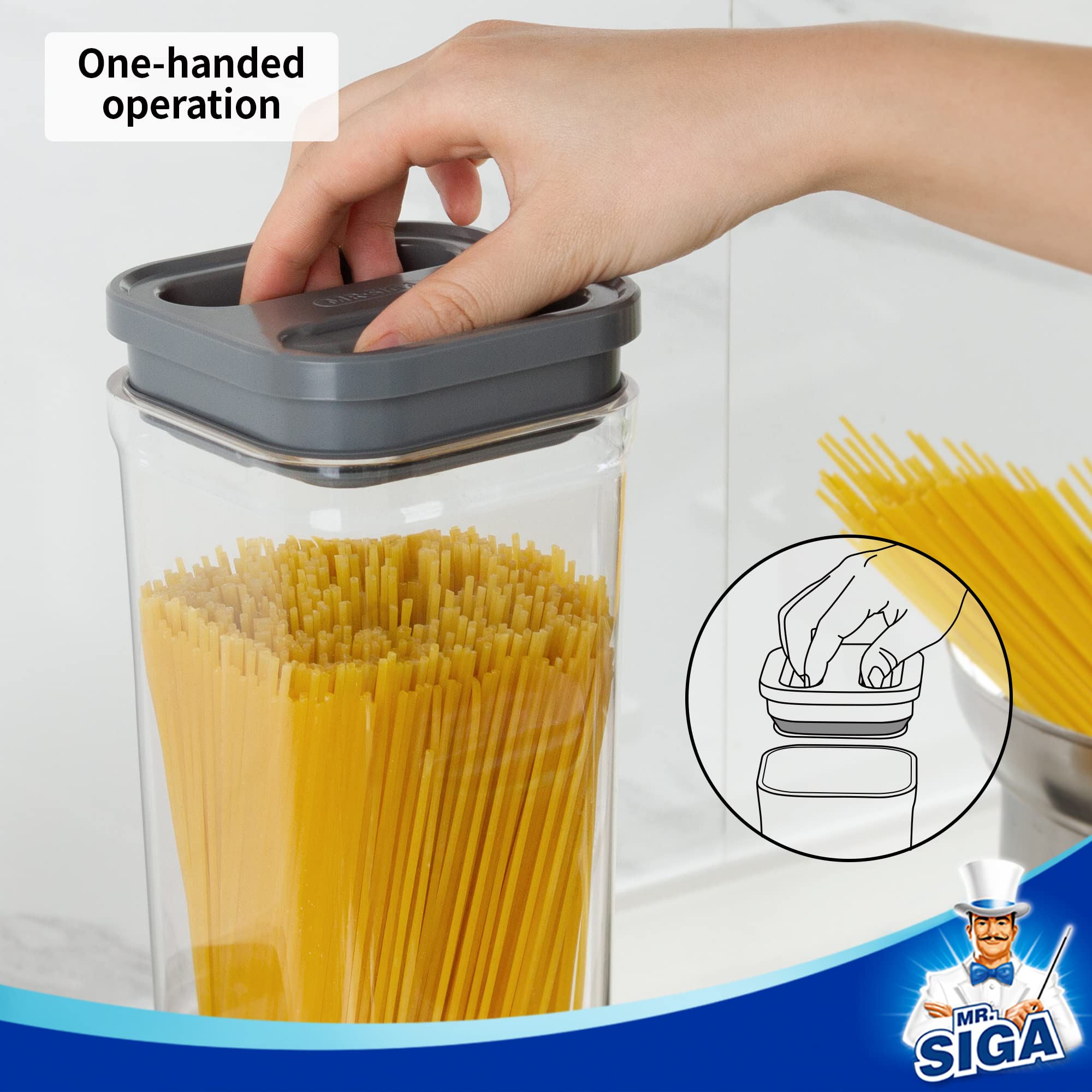 MR.SIGA 4 Pack Airtight Food Storage Container Set, BPA Free Kitchen Pantry Organization Canisters, One-Handed Airtight Cereal Flour Spaghetti Storage Containers, 2.1L / 72oz, Gray