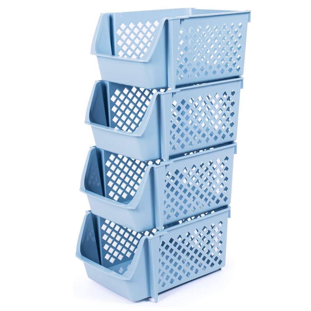 DVHOK 4Pcs Stackable Storage Basket Organizer for Food Snacks Toys Toiletries Plastic Storage Bins Blue