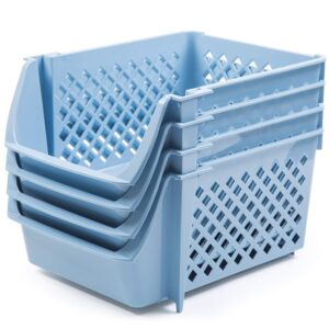 DVHOK 4Pcs Stackable Storage Basket Organizer for Food Snacks Toys Toiletries Plastic Storage Bins Blue