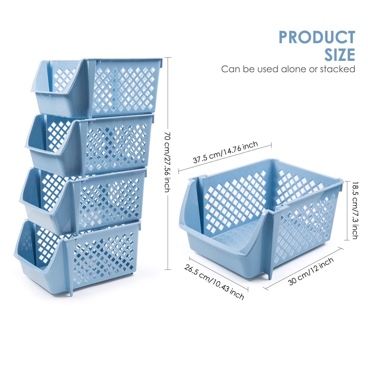 DVHOK 4Pcs Stackable Storage Basket Organizer for Food Snacks Toys Toiletries Plastic Storage Bins Blue