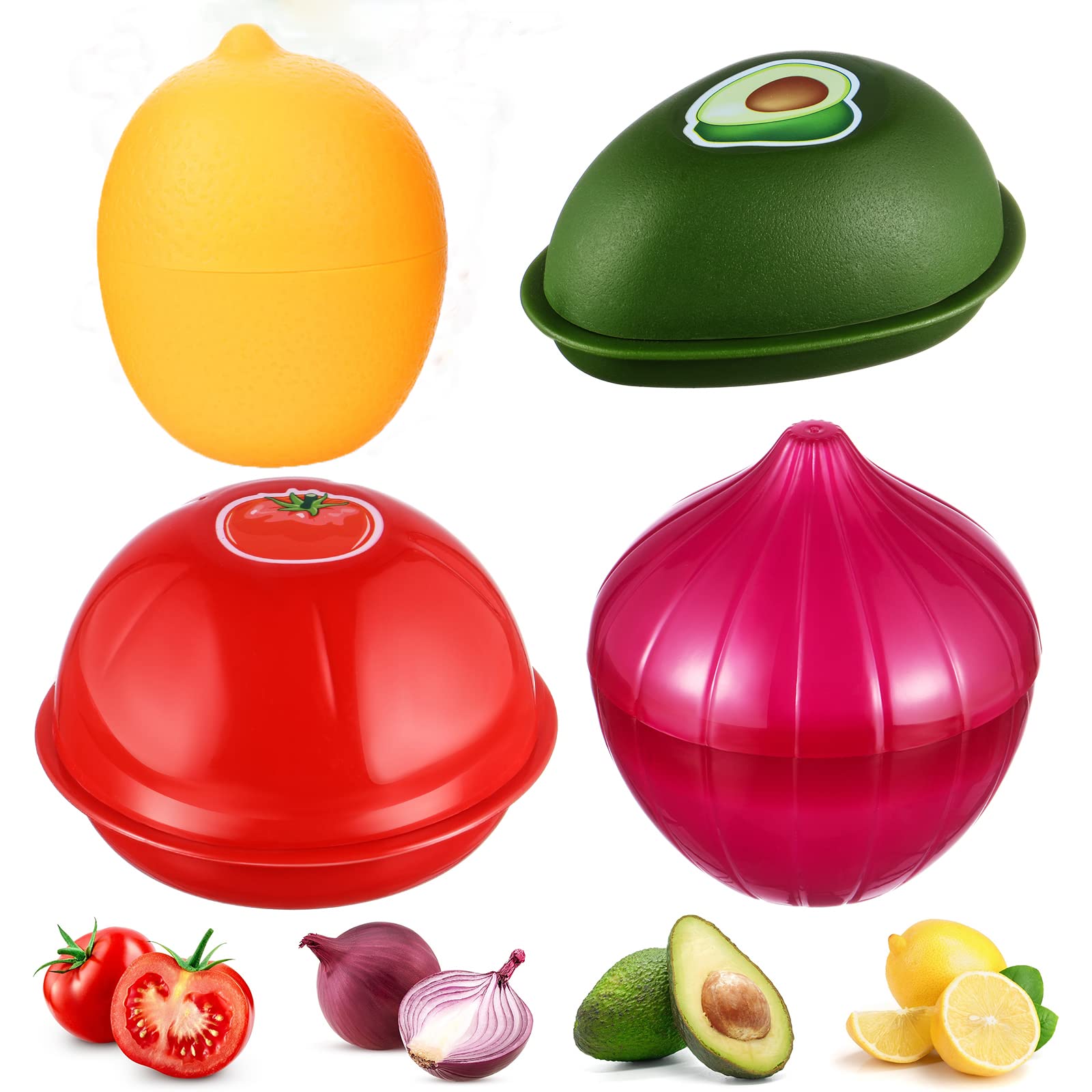 OBANGONG 4 PCS Fruit Vegetable Shaped Savers Onion Storage Containers for Fridge,Lemon,Avocado Tomato Savers Keeper Reusable Refrigerator Storage Box Avocado Keeper for Food Fresh-Keeping