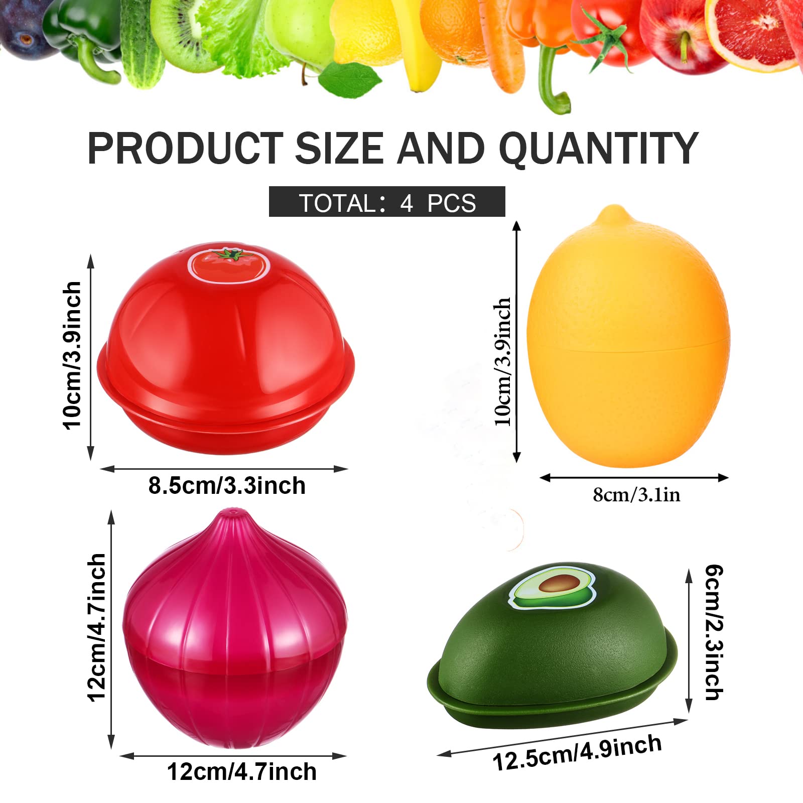 OBANGONG 4 PCS Fruit Vegetable Shaped Savers Onion Storage Containers for Fridge,Lemon,Avocado Tomato Savers Keeper Reusable Refrigerator Storage Box Avocado Keeper for Food Fresh-Keeping