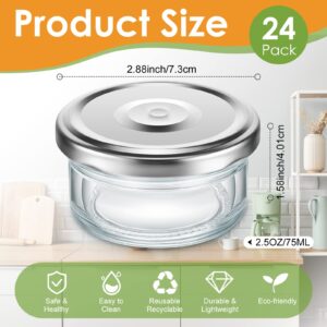 Sabary 24 Pcs 2.5 oz Salad Dressing Container Reusable Glass Condiment Containers with Lids Glass Food Storage Containers Small Glass Jars Sauce Containers for Lunch Box Picnic Travel, Silver Lids