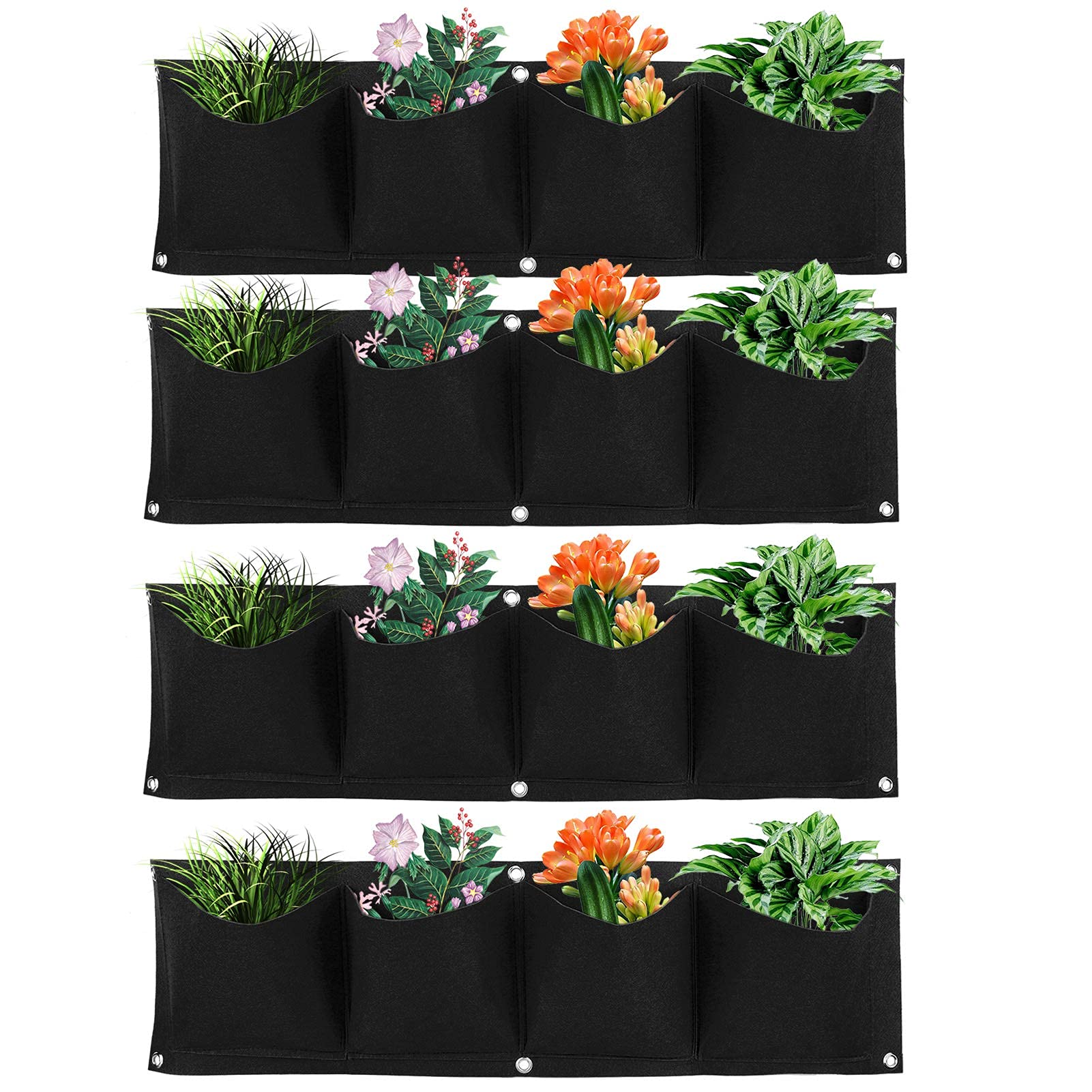 Atyhao Vertical Hanging Outdoor Wall Planter 4Pcs 4 Pocket Plant Grow Bag Wall Mounted Reusable Degradable Felt Garden Planter Herbs, Succulents Artificial Pl or Flowers. (Black)