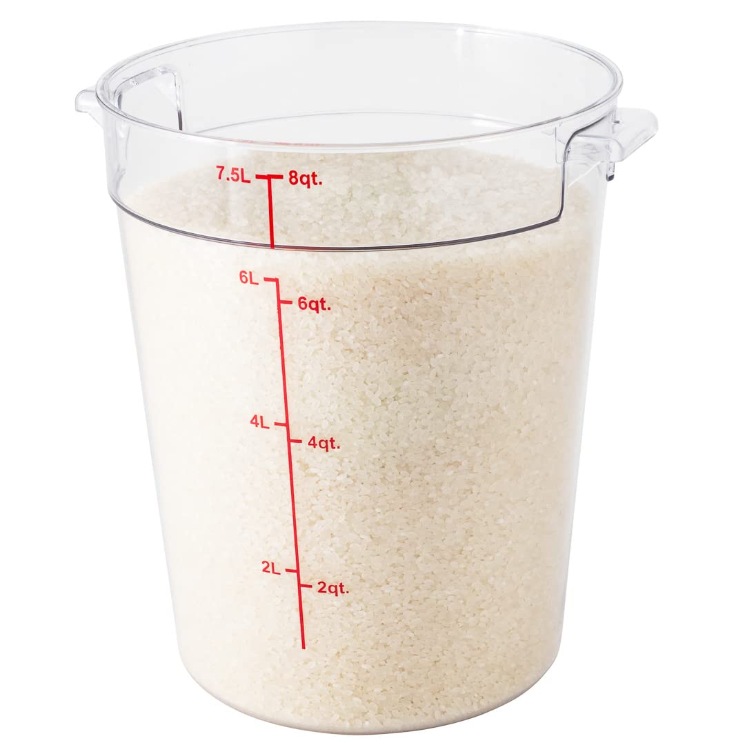 Restaurantware Met Lux 8 Quart Food Storage Container, 1 Round Commercial Storage Container - Lid Sold Separately, With Volume Markers, Clear Plastic Food Prep Bucket, Space-Saving Storage