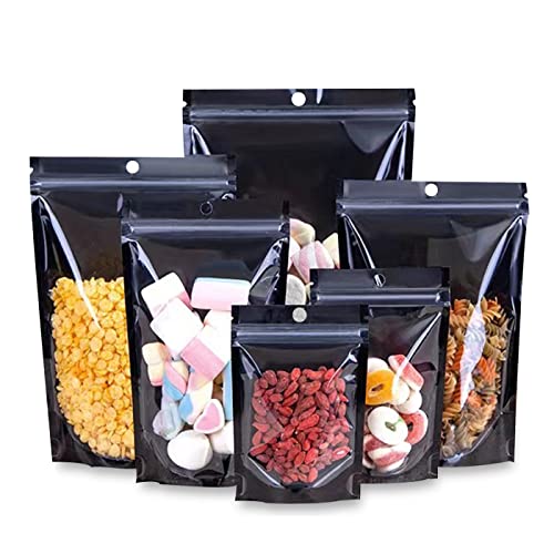 100 Pack Mylar Bags Smell Proof Bags, Resealable Stand Up Food Storage Bags Packaging Foil Pouch Bags with Clear Front Window for Cookies, Snack, Jewelry (5.5x7.9+3.15inch)